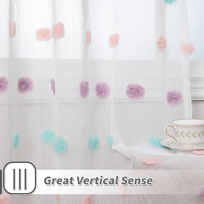 MYSKY HOME Rainbow Pom Pom Curtains for Bedroom, Living Room & Nursery - Set of 2, 63 Inch Length, Sheer, Rod Pocket, Farmhouse Style, 52 x 63 inch