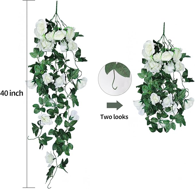 RECUTMS Artificial Plants Hanging 2Pieces 3.3Ft Rose Plant Flowers Vines Wedding Home Office Arch Arrangement Decoration (White)