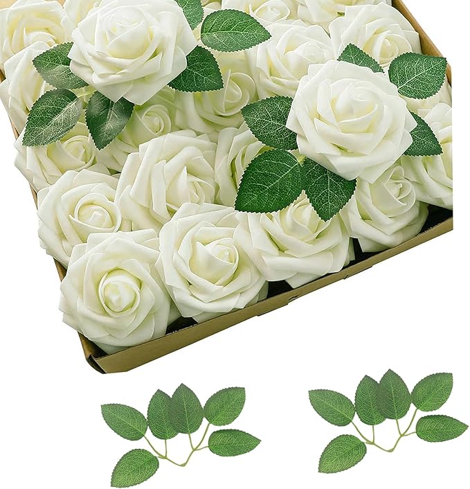 25 PCS Ivory Artificial Flowers Fake Roses with Stem, Fake Rose for Crafts Bouquets for DIY Wedding Decorations Centerpieces Arrangements Party Home Cofe Decor