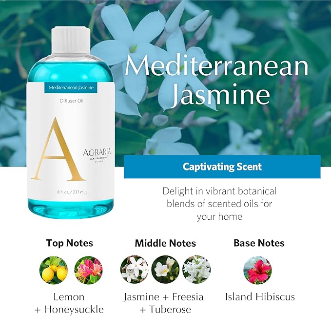 AGRARIA Reed Diffuser Refill, Scented Oil Home Fragrance, Reed Oil Diffuser Gift Set for All Occasions, Mediterranean Jasmine