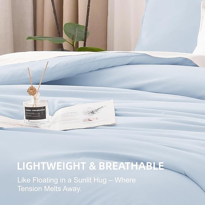 Litanika Comforters Light Blue Full Size, 3 Pieces Lightweight Solid Bedding Comforter Set, All Season Fluffy Bed Set (79x90In Comforter & 2 Pillowcases)