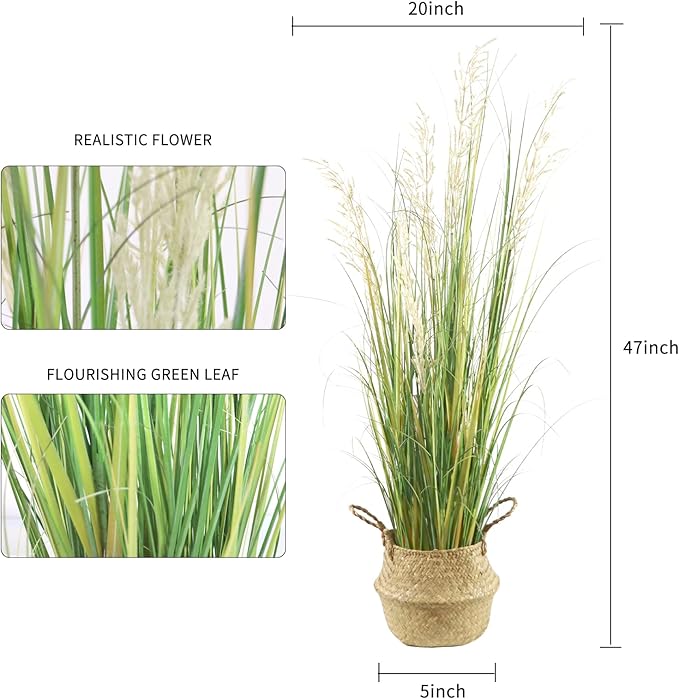 4ft(47in) Tall Artificial Grass Plant with White Reed Flowers in Pot, Faux Indoor Home Decorative Plants for House