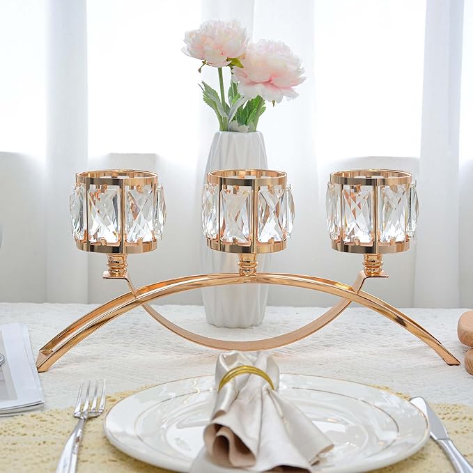 3 Arms Crystal Candle Holders, Arch Candlestick Table Candelabras Centerpieces for Wedding, Dinning Room, Cabinet Ornaments, Home Decoration， Gift (Gold, 2 Pcs-3 Arm Arched)