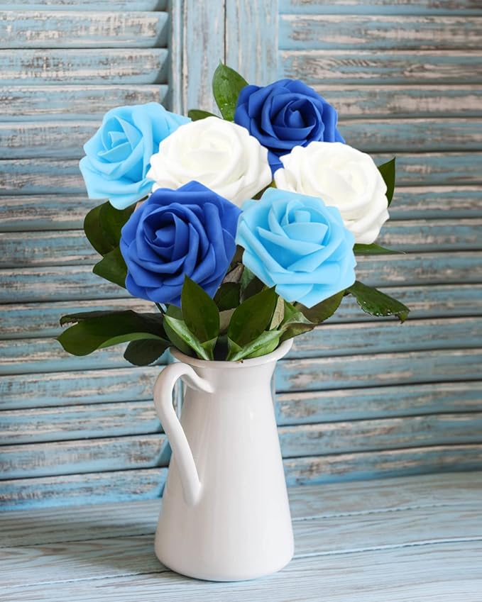 Artificial Flowers Realistic Roses, 25pcs Blue & White Real Looking Fake Roses with Stem for DIY Wedding Bouquets Centerpieces Bridal Shower Party Home Romantic Decorations (25pcs, Shades of Blue)