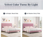 Allewie King Platform Bed Frame/Velvet Upholstered Bed Frame with Vertical Channel Tufted Headboard/Strong Wooden Slats/Mattress Foundation/Box Spring Optional/Easy Assembly/Pink