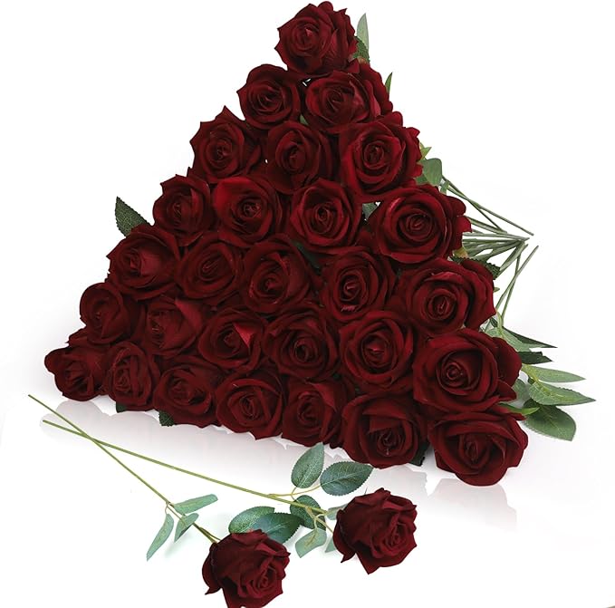 30pcs Fake Roses Artificial Silk Flowers Long Stems Bouquet for Wedding Bridal Shower Party Home Decoration(Wine Red)