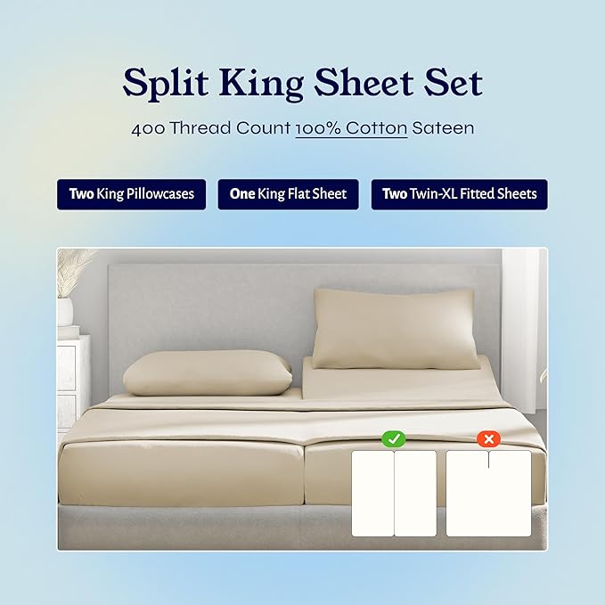 California Design Den Split King Sheets Sets for Adjustable Bed - Soft 400 Thread Count Sateen Natural 100% Cotton Sheets, Deep Pockets, Breathable, Cooling & Durable Bedding Set - Beige (Golden Tone)