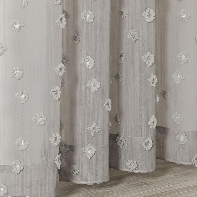 MYSKY HOME Pom Pom Grey Sheer Curtains for Bedroom Girls Room Curtains 72 Inches Long for Nursery Kids Light Filtering Boho Window Drapes, Rod Pocket, 52" Wide, 2 Panels