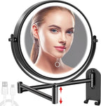 8" Wall Mounted Lighted Makeup Mirror, 3000mAh Rechargeable Double Sided 1X/10X Magnifying Mirror with Hook, 3 Color Lights Touch Dimmable 360° Rotation Vanity Mirror for Bathroom (Black)