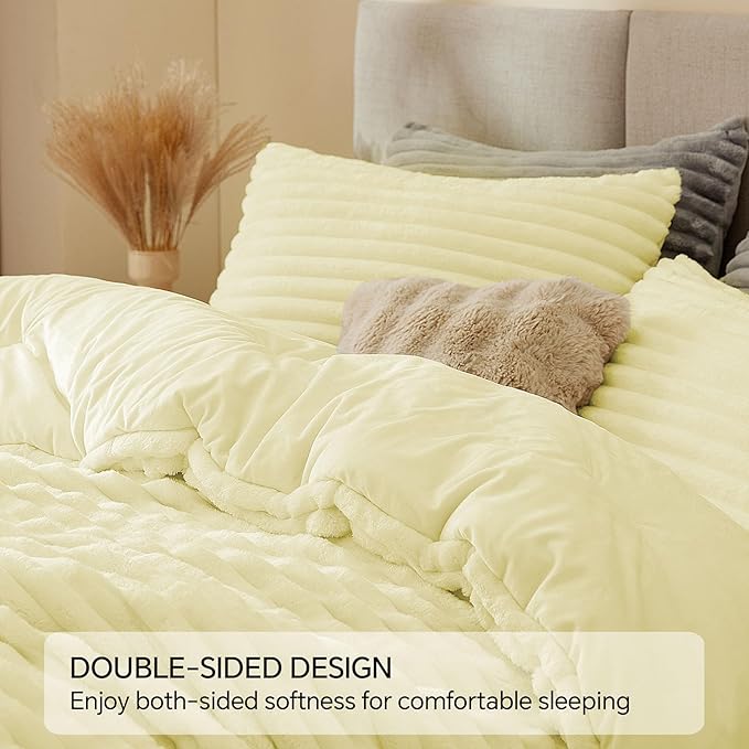 BEDELITE Fleece Queen Comforter Set -Super Soft & Warm Fluffy Transparent Yellow Bedding, Luxury Fuzzy Heavy Bed Set for Winter with 2 Pillow Cases