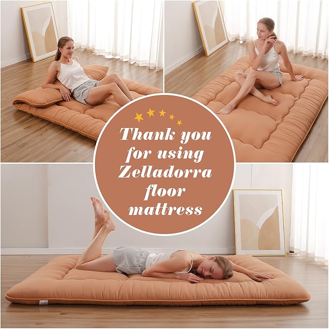 Japanese Floor Mattress, Futon Mattress with Portable Storage Bag and Washable Cover, Roll Up Thick Tatami Mat Suitable for Camping, Guest Room, Light Coffee, Twin