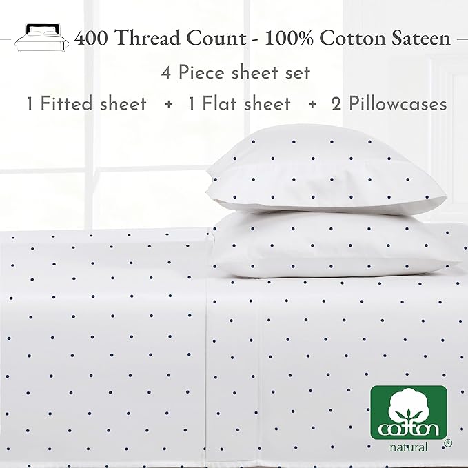 California Design Den California King Sheet Sets - 400 Thread Count Sateen, Natural 100% Cotton Bed Sheets Set, Deep Pocket Cooling and Durable Bedding - Polka Dot