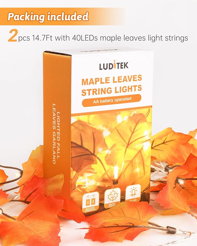 2Pack [8 Lighting Modes & Timer] Fall Decor Maple Leaf Garland with Lights 80LED Battery Operated Waterproof, Fall Decorations for Home Outdoor Indoor Thanksgiving Decor Halloween Friendsgiving Autumn