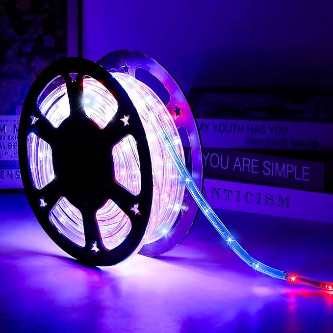 50ft 360 LED Waterproof Rope Lights, 110V Connectable Indoor Outdoor Led Rope Lights for Deck, Patio, Pool, Camping, Bedroom Decor, Landscape Lighting and More (RED+White+Blue)