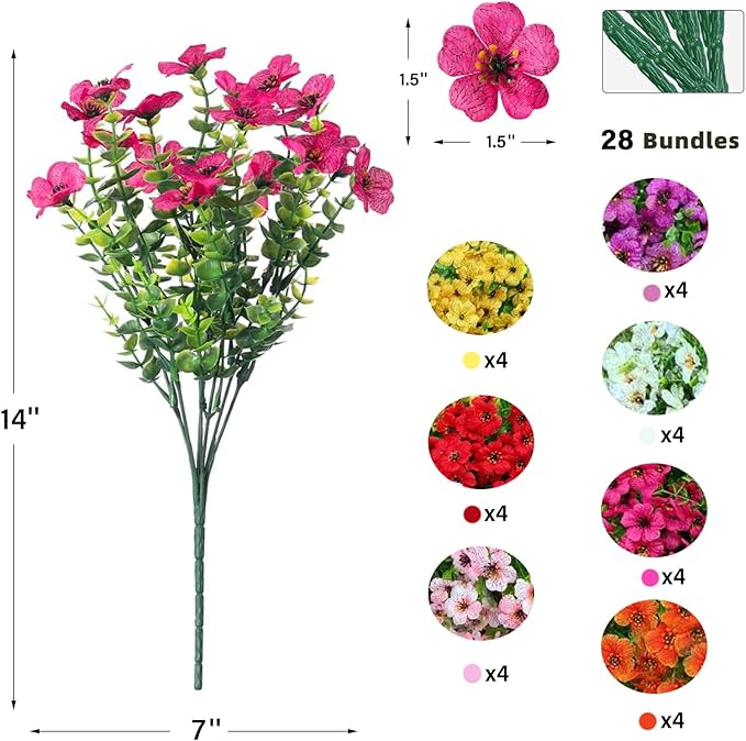 28 Bundles Silk Daisy Fake Plants Faux Flowers UV Resistant Fake Bushes Plastic Artificial Flowers Faux Outdoor Indoor Plants for Spring Summer Decoration (7 Colors)