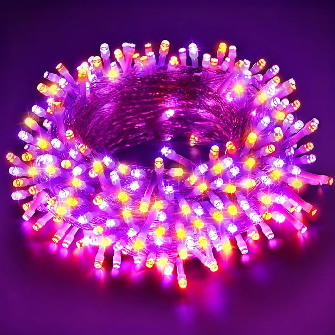 66Ft 200LED Orange and Purple Christmas Halloween Lights Plug in,Waterproof Halloween String Light,8 Modes Indoor Outdoor for Tree Party Bedroom Garden Decor (Clear Wire)