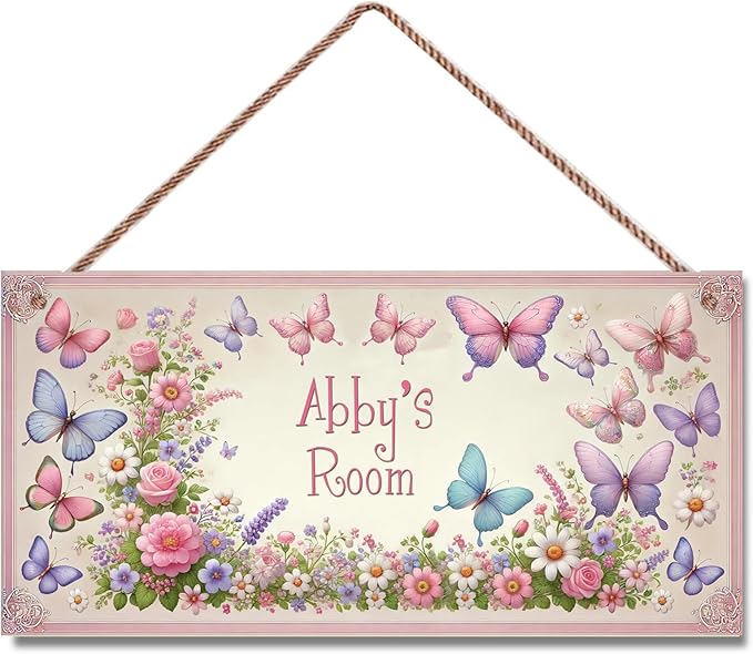 Personalized Sign Butterfly Wooden Sign For Kids Room Boys Bedroom Door Decor,Custom Name Flowers Wall Art Decor Decorative Plate for Nursery Little Man Cave