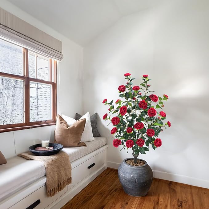 3.6FT Artificial Camellia Fake Tree, Artificial Plants & Flowers with 32 Red Flowers for Door Front Decoration Porch Patio Living Room Office Indoor Outdoor Decoration (Contains Dried Moss)
