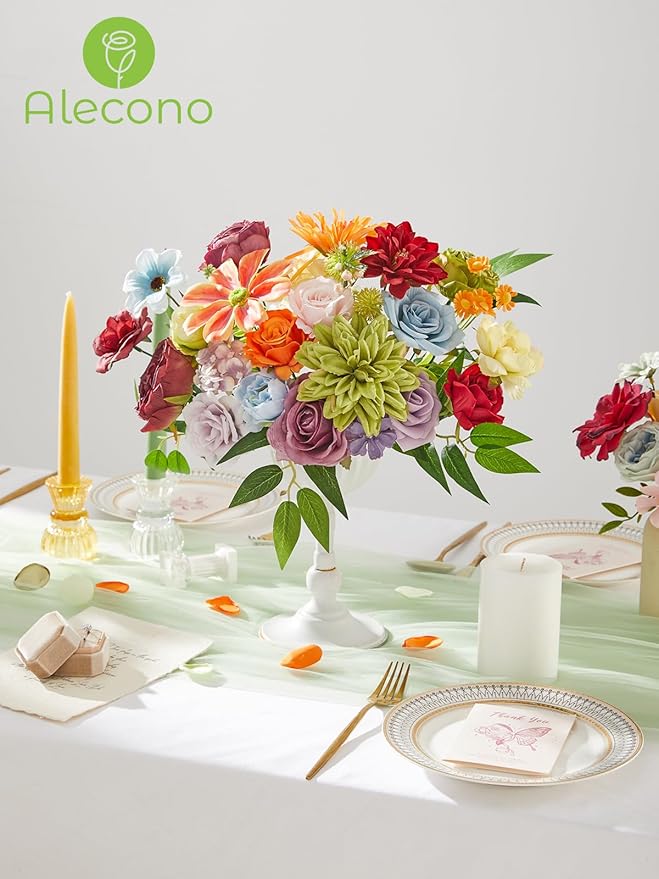Alecono Artificial Flowers, Colorful Combo Silk Fake Flowers with Stems for DIY Wedding Bridal Bouquets, Floral Arrangement Home Cake Decor