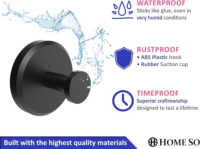 HOME SO Suction Cup Hooks for Shower, Bathroom, Kitchen, Glass Door, Mirror, Tile – Loofah, Towel, Coat, Bath Robe Hook Holder for Hanging up to 15 lbs – Waterproof & Rustproof, Matte Black (2-Pack)