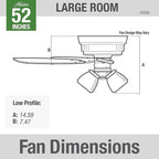 Hunter 52 inch Indoor Ceiling Fan with LED Lights - White Ceiling Fan with Pull Chain, For Bedroom, Living Room, or Kitchen, Low Profile Mount, No Remote, 5 Blades - Builder 53326, Snow White