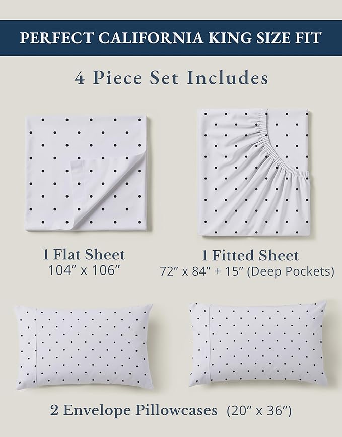 LANE LINEN 100% Organic Cotton Printed California King Sheets Set, Fully Elasticized Reinforsed Seams in Fitted Pocket, Naturally Cooling All Season Cal King Sheet Deep Pocket Bedding- Polka Dot