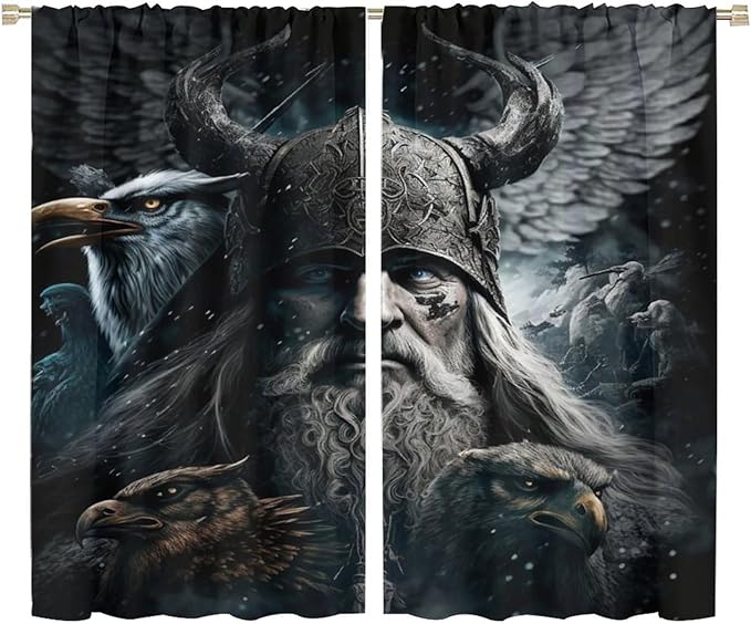 Fantasy Norse Viking Curtains for Bedroom - Cool Gothic Vintage Vikings Mystical Symbol Eagle Window Treatment,Energy Saving Thermal Insulated Rod Pocket Bedroom Blackout Curtains 2 Panels 63L x 36W