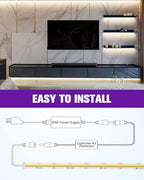 HitLights COB White LED Strip Lights Kit with Remote & 24V Power Supply, 16.4ft Dimmable Tape Light 4000K, 2560LEDs, 350+ LM/FT, UL Listed, Flexible Rope Lights for Bedroom, Kitchen, Cabinet Lighting