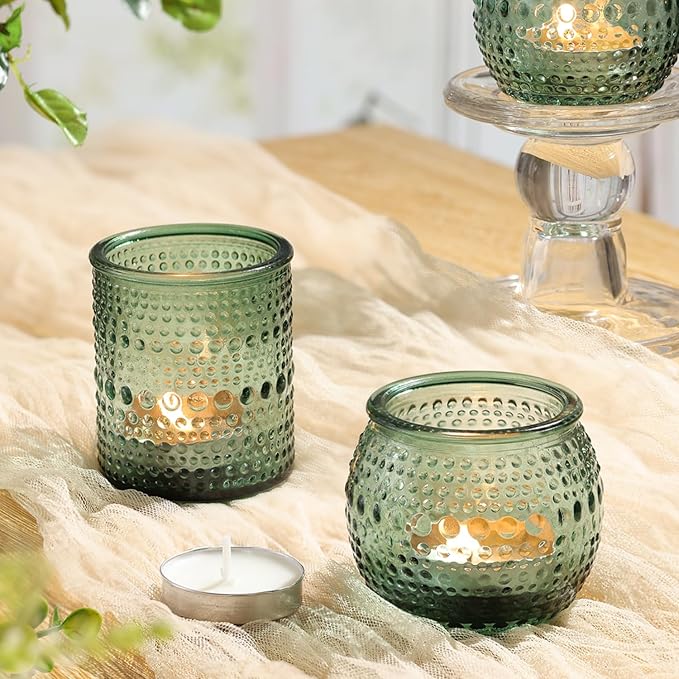 40 Pcs Assorted Green Votive Candle Holders Bulk- Glass Tealight Candle Holder for Wedding Table Decor, Green Candle Holders for Christmas, Vintage Party Table Decor