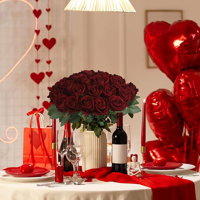 30pcs Fake Roses Artificial Silk Flowers Long Stems Bouquet for Wedding Bridal Shower Party Home Decoration(Wine Red)
