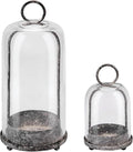 5" & 4" Wide Versatile Metal Candle Holder in Shabby Black with Handmade Thick & Sturdy Glass Dome Cover for Pillar Candle & Plants, Industrial, Farmhouse (2, Black Shabby, Large & Small)