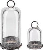 5" & 4" Wide Versatile Metal Candle Holder in Shabby Black with Handmade Thick & Sturdy Glass Dome Cover for Pillar Candle & Plants, Industrial, Farmhouse (2, Black Shabby, Large & Small)