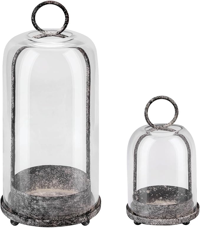 5" & 4" Wide Versatile Metal Candle Holder in Shabby Black with Handmade Thick & Sturdy Glass Dome Cover for Pillar Candle & Plants, Industrial, Farmhouse (2, Black Shabby, Large & Small)