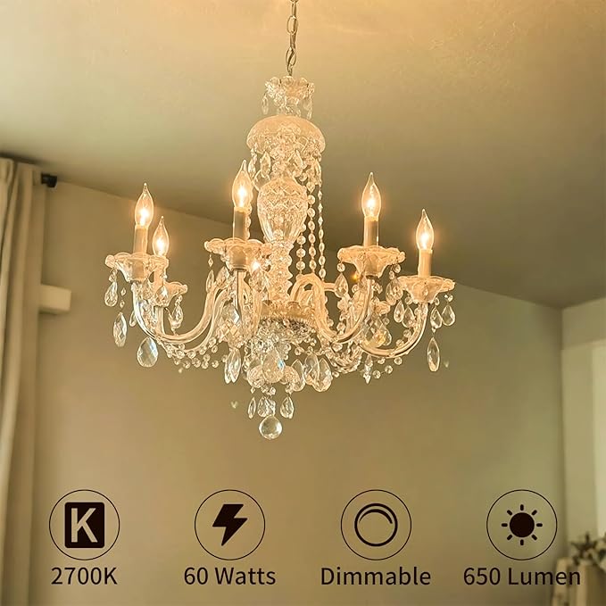4-Pack E12 Candle Light Bulbs 60W, Dimmable Warm White 2700K Chandelier Light Bulbs for Ceiling Fan or Pendants, CA10 Clear Candelabra Gold Base Bulbs