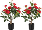 Artificial Rose Flower Trees 2 Pack- 24’’ Lifelike Plant in Pot with Red Flowers Decorative Rose Trees for Home, Office, Wedding, and Event Decor, Red