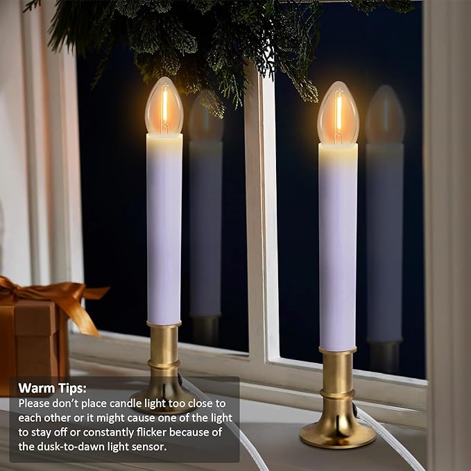 4-Pack Electric Christmas Window Candle Lights Dusk to Dawn with Shatterproof Plastic LED Bulbs, Plug-in Corded Window Candle Lamps, Auto On/Off Light Sensor, 4 Suction Cups Included, Warm White