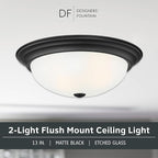 DESIGNERS FOUNTAIN Reedley 2-Lights Flush Mount Ceiling Light, 13 Inch Lighting Fixture for Kitchen, Bedroom, Bathroom, and Hallway, Matte Black with Etched Glass, 1257M-MB-W