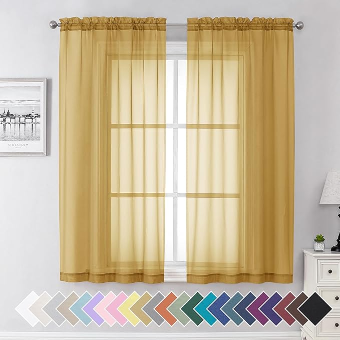 Aiyufeng Gold Sheer Curtains 63 Inch Length 2 Panels Set, Light Filtering Gold Window Curtain Drapes Treatment for Kitchen, Bedroom,Children Room, Dual Rod Pocket, 2 Pack of 42 x 63"
