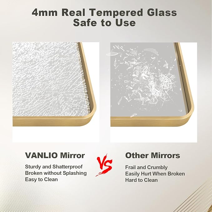 24x32 Inch Gold Framed Bathroom Mirror, Rectangle Brushed Gold Metal Vanity Mirror, Gold Rectangle Mirror for Wall, Rounded Corner, Tempered Glass, Anti-Rust, Shatterproof (Horizontal/Vertical)