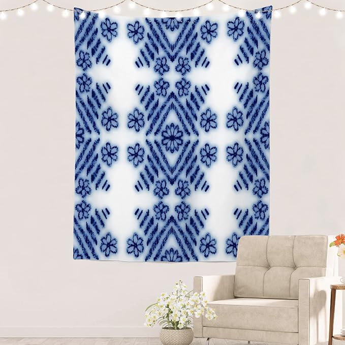 Batmerry Blue Art Flower Tapestry,Blue White Ceramic Glaze Tie Dye Wall Art Hanging Decoration Polyester Fiber White Ruffled Around for Dorm Room Bedroom Living Room, 59.1x39.4 inches