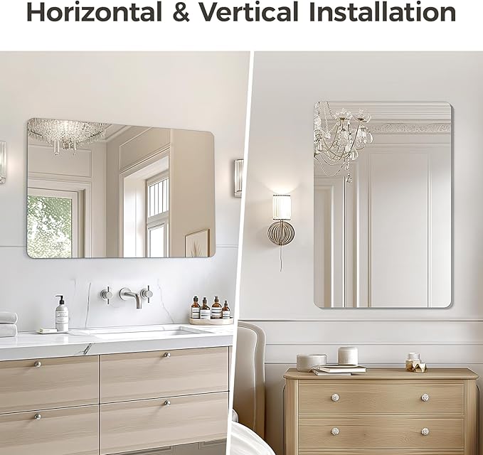 USHOWER 2-Pack Frameless Bathroom Mirrors for Over Sink, 24x36 Inch Rectangular Bathroom Mirrors with Rounded Corner, Shatterproof Mirror for Vanity, Bedroom, Entryway Upgraded & Remodel
