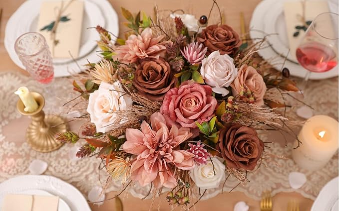 Artificial Flowers Combo Silk Mix Fake Flowers Leaf for DIY Wedding Bouquets Floral Centerpieces for Tables and Chairs Party Baby Shower Home Decorations(Coffee)
