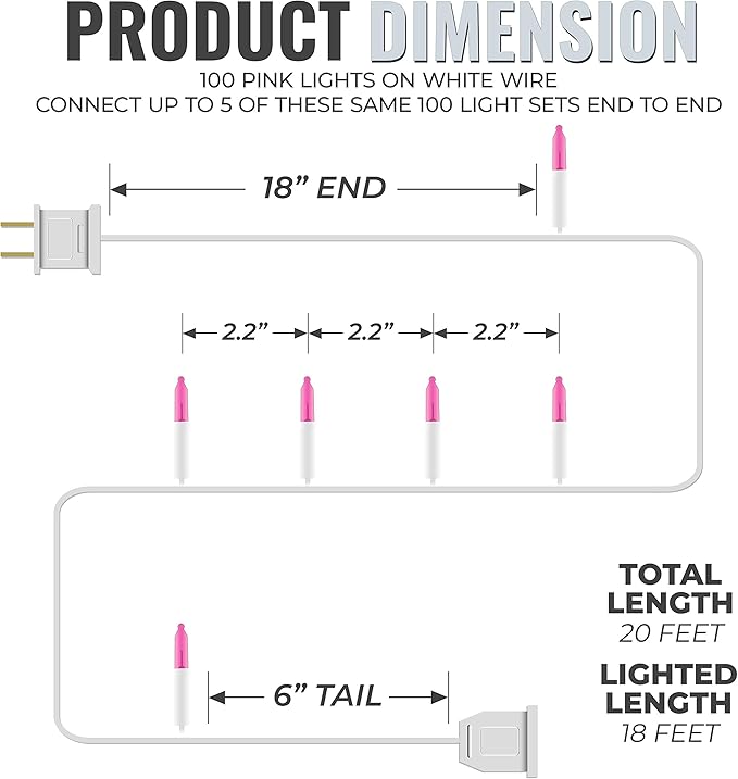 612 Vermont 100 Pink Christmas Lights on a White Wire String, UL Approved, Indoor/Outdoor Use, 18’ of Lighted Length, 20’ of Total Length