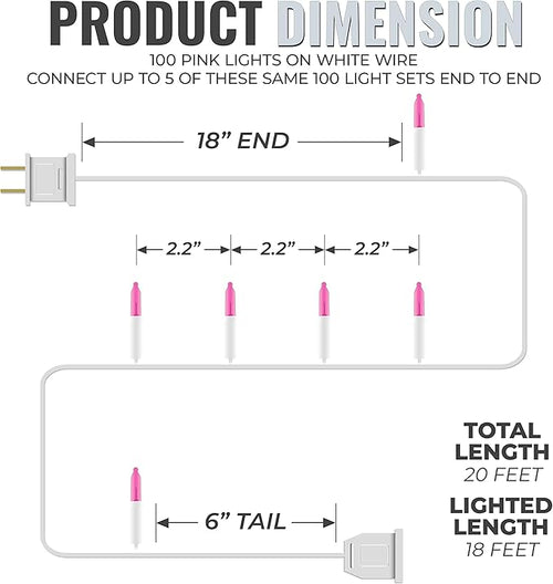 612 Vermont 100 Pink Christmas Lights on a White Wire String, UL Approved, Indoor/Outdoor Use, 18’ of Lighted Length, 20’ of Total Length