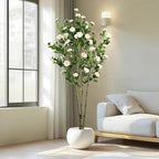 6.89ft Faux Camellia Tree, Handmade Artificial Floral Camellia Tree, Fake Pink White Blooming Flowers Green Leaves, Artificial Plants for Home Front Door Decor Indoor Outdoor Party Wedding