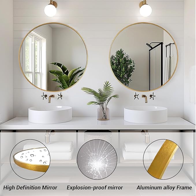 Gold Circle Mirror, Round Mirror 22 inch, Gold Wall Mirrors Metal Frame, Circle Mirrors for Bathroom, Bedroom, Living Room, Entryway.