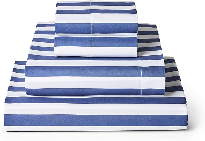 Mellanni King Sheets Set - 4 PC Iconic Collection Bedding - Hotel Luxury, Extra Soft, Cooling Bed Sheets - Wrinkle, Fade, Stain Resistant (King, Oxford Stripe Blue Nova)