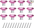 Tomorotec 12-Pack 30mm Crystal Pink Glass Cabinet Drawer Pulls, Diamond Drawer/Cupboard Knobs with Screws, Crystal Knobs w/Silver Base, Home Decor for Kitchen, Dresser, Wardrobe, Desk (1.2 in / 30mm)