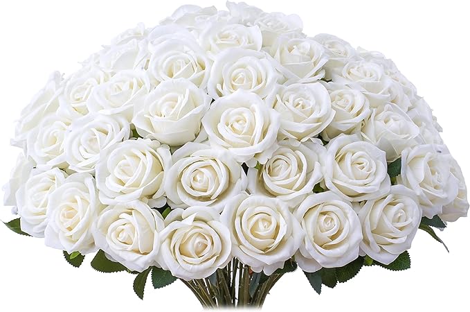 30 PCS Fake White Roses, Artificial White Flowers Bulk Realistic Silk Faux Roses with Stems for Wedding Decorations Table Centerpieces Bridal Bouquet DIY Floral Arrangement Event Party Home Decor