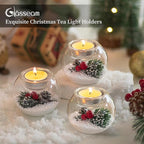 Glasseam Christmas Votive Candle Holders: Glass Tealight Candle Holder Set of 6 with Red Berry and Snow Pinecone Decorative Candle Holders for Table Centerpiece Party Christmas Decor Advent Gifts